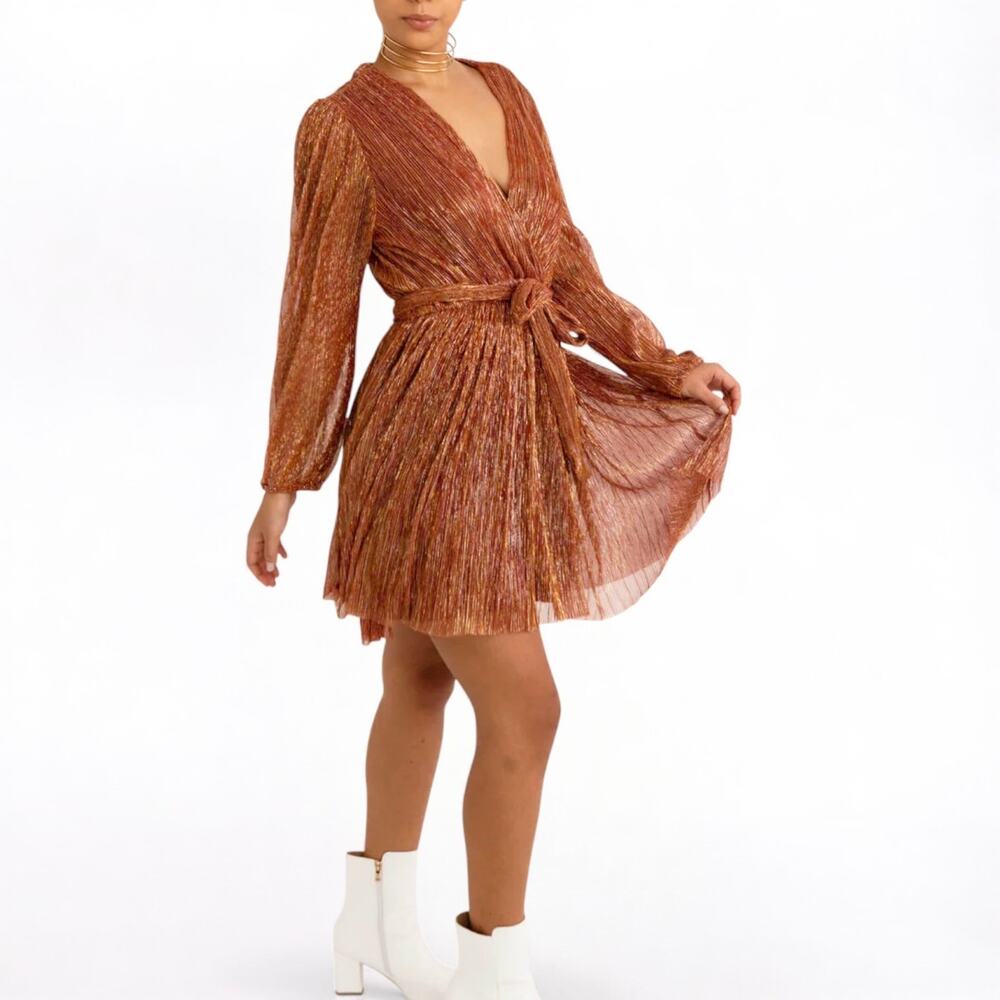 Dress Forum Gold Metallic Pleated Belted Mini Dress Size S Mauve NYE Holiday NWT